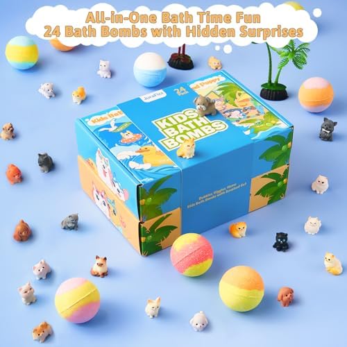Bath Bombs for Kids with Surprise Inside, 24 Pack Kids BathBombs with Puppy & Cat Toys, Child-Safe Natural Bath Bombs with Toys Inside for Girls and Boys, Birthday Party Favors