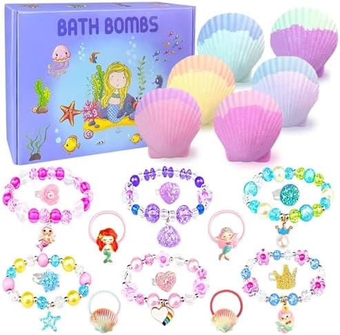 Mermaid Bath Bombs for Kids with Surprise Inside, 6 Pcs Shell Bubble Kids Bath Bombs Kit with Mermaid Toys, Birthday Christmas Jewelry Gifts for Girls Easter Basket Stuffer