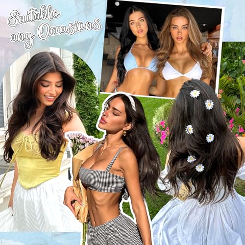 KooKaStyle Invisible Wire Hair Extensions 20‘’ Long Wavy Layered Synthetic Clip in Hair Extensions with Transparent Wire Adjustable Size 6 Secure Clips Dark Brown Thick Hairpieces for Women 20 Inch