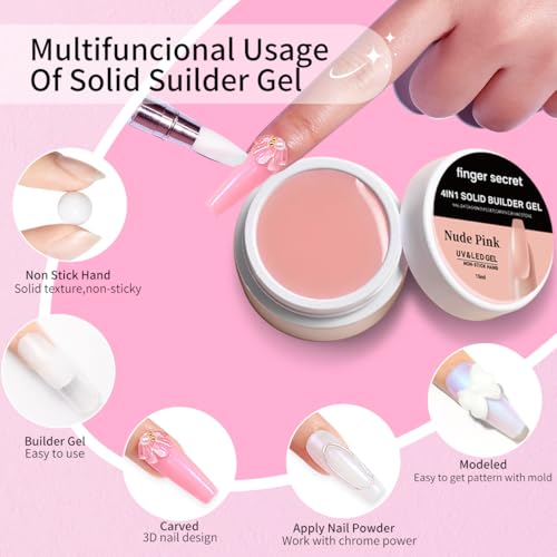 Solid Builder Gel for Nails Kit 15g– 4-in-1 Solid Builder Gel for Nail Extension & Art, Mirror Powder Effects, Easy Mold Design (Set A)