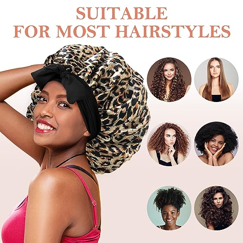 3Pcs Silk Bonnet for Sleeping, Satin Hair Bonnets for Black Curly Hair Women Jumbo Bonnet with Tie Band Braids (Black Leopard Rose-pink)