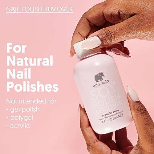 ella+mila Soy Nail Polish Remover Non-Acetone Nail Polish Remover - Non-Toxic Fingernail Polish Remover - Enriched with Lavender Essential Oil & Vitamins A,C & E (4 fl oz)