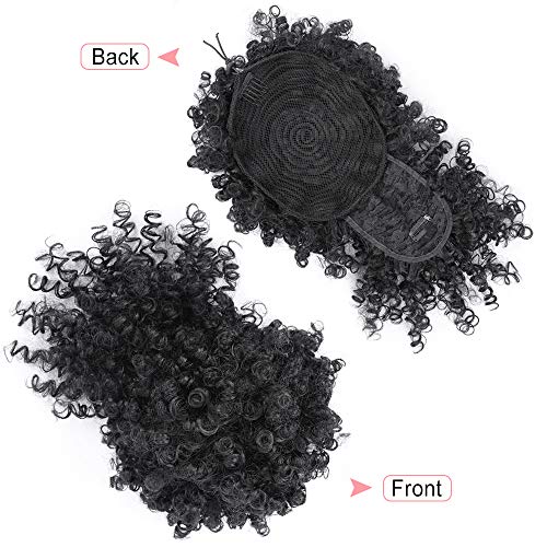 ENTRANCED STYLES Drawstring Ponytail with Bangs Afro Puff Ponytail Extensions for Women Short Curly Puff Ponytail with Bangs Clip in Wrap Updo Hairpiece for Women(1B)