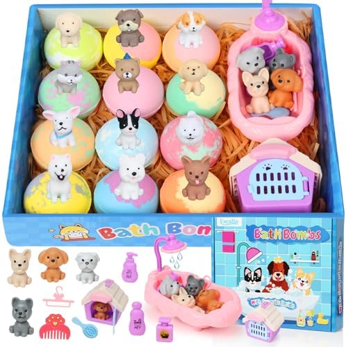Bath Bombs for Kids with Toys Inside for Girls Boys, 12 Pack Kids Bath Bombs with Surprise Dog Pretend Playset, Handmade Bubble Bath Fizzies Birthday Christmas Gift Set
