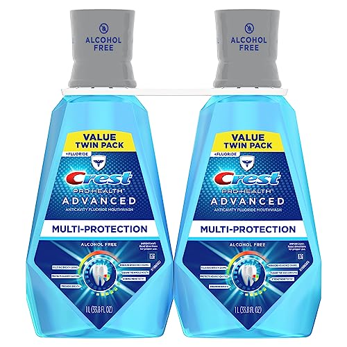 Crest Pro-Health Advanced Mouthwash, Alcohol Free, Multi-Protection, Fresh Mint, 1 L (33.8 fl oz), Pack of 2, Crest Mouthwash, Mouthwash Alcohol Free, Flouride Mouthwash
