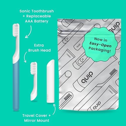 Quip Plastic Sonic Toothbrush, Electric Toothbrush for Adults –Time Travel & Soft Bristles with Travel Case & Replaceable Brush Head -3-Month Battery Life - Marine Blue