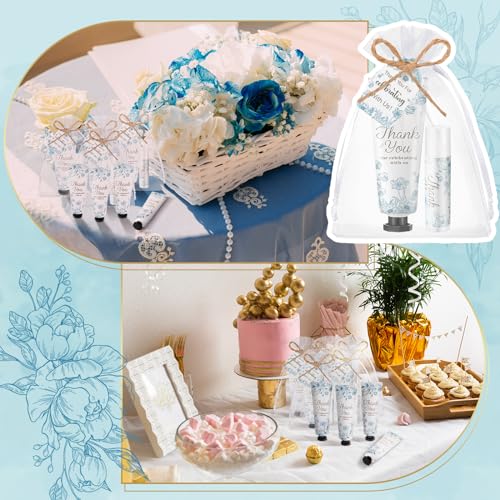 48 Sets 192 Pcs Blue Flower Baby Bridal Shower Hand Cream and Lip Balm Baby Shower Gifts for Guests Bridal Wedding Party Favor Bulk with Thank You Card Organza Bags Travel Size for Wedding