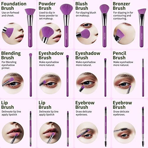 Docolor Makeup Brushes 10Pcs Makeup Brush Set Premium Synthetic Powder Kabuki Foundation Contour Blush Concealer Eye Shadow Blending Liner Make Up Brush Kit - Neon Purple