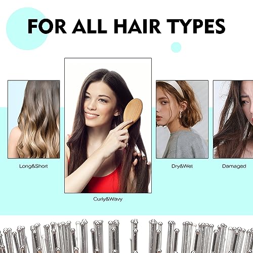 Bamboo Hair Brush, Smoothing Hair & Massage Scalp, Detangling Anti-Static Hairbrush, Natural Wood Brush with Metal Bristles for Women, Men & Children