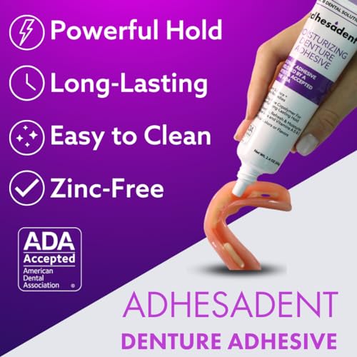Dr. B Dental Solutions Adhesadent Moisturizing Denture Adhesive - Secure Denture Glue with Strong Grip & Natural Taste - Zinc-Free Dental Adhesive for Dentures, Overdentures - 2.4 oz