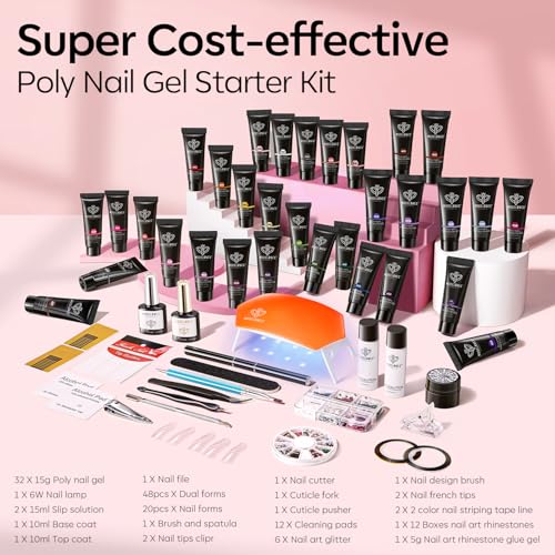 Modelones 133pcs Poly Extension Gel Nail Kit, 32 Colors All Seasons Poly Gel kit with Nail Lamp Slip Solution Builder Thickening Manicure Tools for Starter Salon DIY