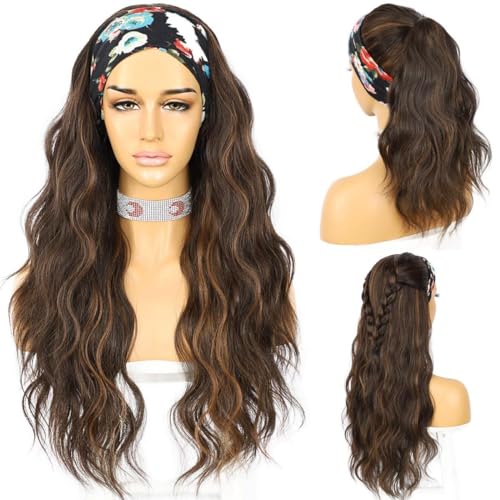 SAPPHIREWIGS Headband Wig Loose Body Wavy Glueless Synthetic Hair for Black Women Wave None Lace Front Wigs Mix Brown Color Headband Wigs 150% Density 26inches
