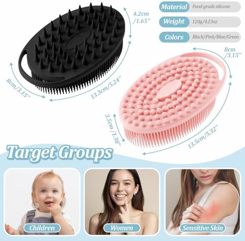 Soft Silicone Body Scrubber 4PCS, 2-in-1 Bath & Shampoo Brush with Dual-Side Usage, Hygienic Silicone Loofah Shower Scrubber for Gentle Exfoliating & Good Lathering(Black/Pink/Blue*2)