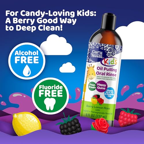 GuruNanda Kids Oil Pulling, Alcohol-Free Mouthwash, Essential Oils & Vitamins for Fresh Breath & Happy Gums for Ages 6 & up, Natural Berry Lemon Rose, 8 Oz