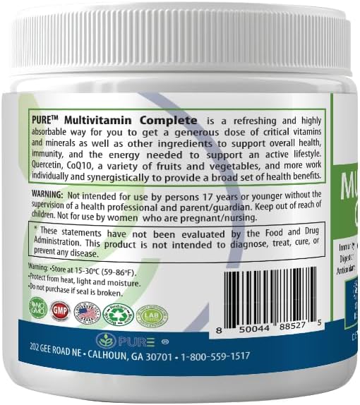 PURE Multivitamin Complete Powder, Orange Mango, Vitamins A, C, D3, B12, Minerals, CoQ10, 30 Servings, 1-Month Supply, Energy Support
