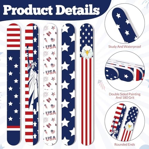 60 Pack 4th of July Nail Files Independence Day Gifts for Women Patriotic American Flag Pattern Emery Boards, Double Sided 180 Grit Professional Fingernails Tool Memorial Day Favors
