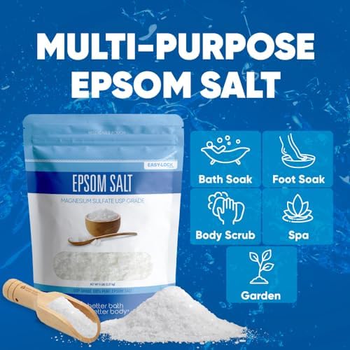 Epsom Salt 5 Lbs Bulk Bag USP Grade Multipurpose Unscented in BPA Free Pouch with Easy Press Lock Seal Plus Bamboo Scoop