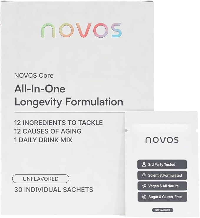 NOVOS Core Longevity Mix, Anti-Aging Supplement, Drink Powder Packet Unflavored - Skin Support, Energy, Mood Support, Sleep and Cognition Support - 30 Servings
