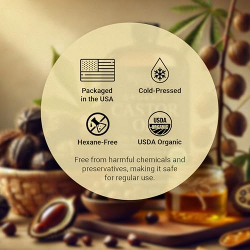 Organic Castor Oil for Hair, Scalp, Skin, Face & Eyelashes | USDA Certified | 100% Pure Castor Oil Organic Cold Pressed Unrefined Glass Bottle, Hexane Free - Soulspa Pure - 16 fl oz