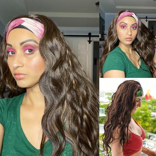 SAPPHIREWIGS Headband Wig Loose Body Wavy Glueless Synthetic Hair for Black Women Wave None Lace Front Wigs Mix Brown Color Headband Wigs 150% Density 26inches