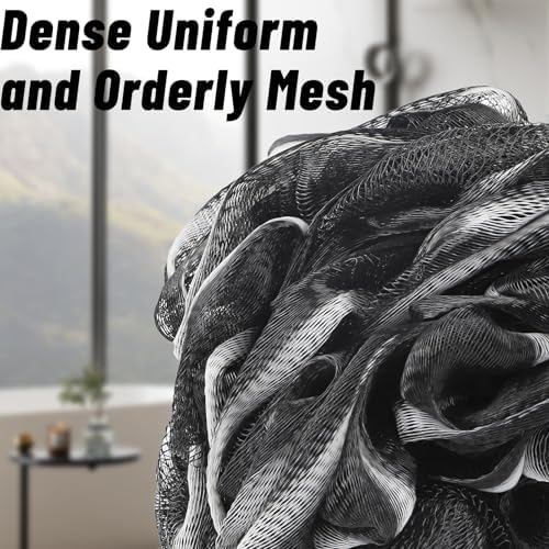 Loofah with Long Handle - Extra Large Soft PE Bath Sponge, Superior Mesh Body Scrubber for Shower with Hanging Rope - Exfoliating Back Scrubber for Shower, Suitable for Men & Women (Black)