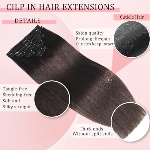 Clip in Hair Extensions Real Human Hair Clip in Extensions for Women Seamless Invisible Dark Brown Natural Remy 100% Human Clips ins Extension 8pcs Double Weft 16 inch 3.2oz/90g
