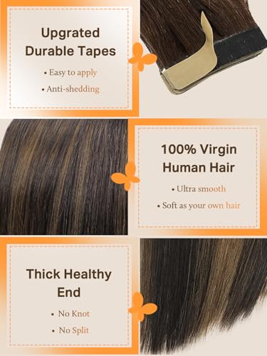 DOORES Tape in Hair Extensions Human Hair, Balayage Dark Brown to Chestnut Brown 50g 20pcs 18 Inch, Human Hair Extensions Natural Remy Straight Hair Skin Weft