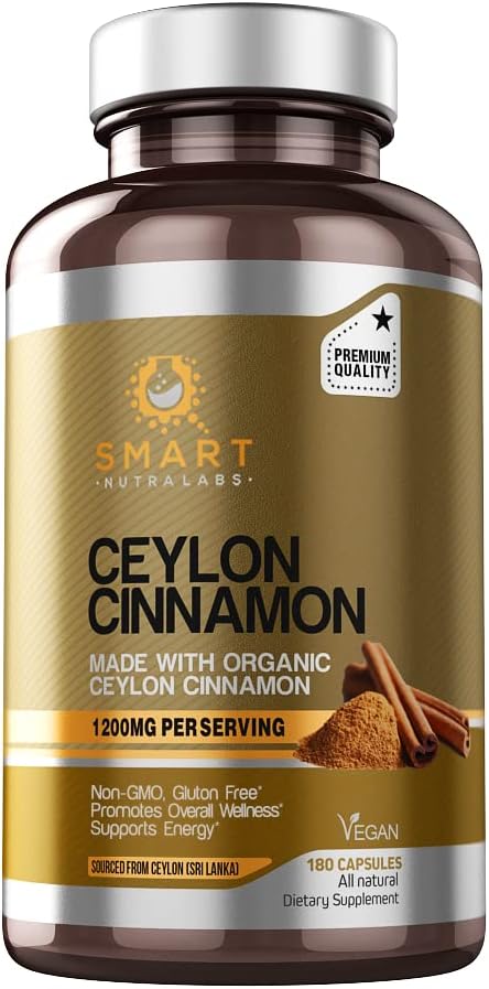 Smart Nutra Labs Organic Ceylon Cinnamon Supplement 1200mg per Serving, 180 Vegan Capsules, 100% Pure, True Ceylon Cinnamon