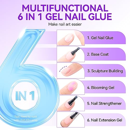 Gelike EC Gel Nail Glue UV Light: 2PCS 6 in 1 Adhesive Polish, Strong Glue for Press On Nails Acrylic Tips, Long Last Kit Blooming Gel Gift for Home Salon DIY 32ML