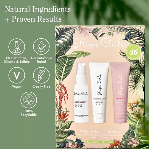Rizos Curls 3-Step Styling Kit - Define, Style, Hold with Curl Defining Cream, Light Hold Gel & Refresh Spray Enhances Shine, Moisture & Frizz Control for All Curl Types Sulfate Paraben Free
