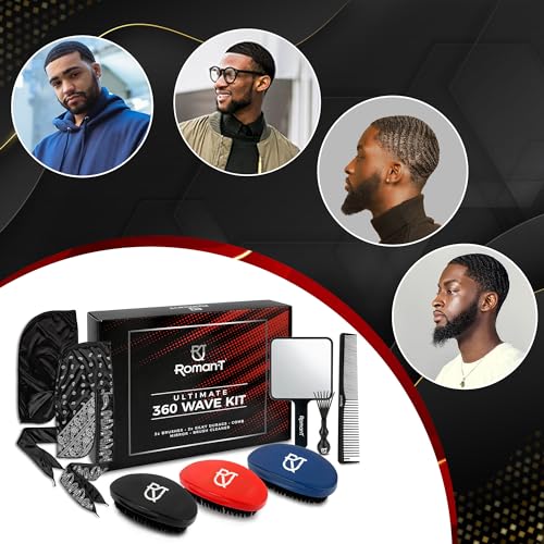 8-in-1 360 Wave Kit for Men - Grooming Kit for 360 Waves - 3 Wave Brushes, Soft, Medium & Hard - 2 Satin Durag, Hand Mirror, Comb, Hair Brush Cleaner - Gift Set, Black