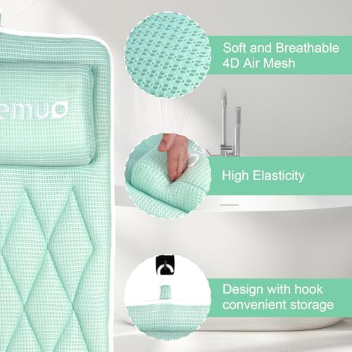 Full Body Bath Pillow Bathtub Pillows-Removable Lumbar Cushion with 17 Non-Slip Suction Cups 4D Air Mesh Fit Any Tub Luxury Bathroom Accessories-Green
