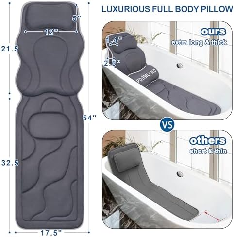 Full Body Bath Pillow for Tub - Extra Long & Thick Tub Pillow with Head, Back & Lumbar Support, 168 Non-Slip Suction Cups, Soft 5D Mesh Spa Cushion, Fits All Tubs-Gift for Soaking(Gray)