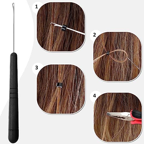 Hair Extension Tools Kit, 600 Silicone Lined Micro Rings, 1 Plier, 2 Hook Needle Pulling Loop, 10 Curved Hair Needle, 4 Metal Hair Clips, 1 Comb, 3 Sewing Threads, 200 Mini Rubber Bands