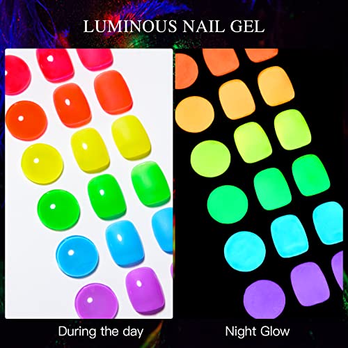 Glow in the Dark Gel Nail Polish, 6 Colors Luminous Neon Gel Polish Set Fluorescent Bright Colors Hot Pink Yellow Purple Glow Effect Soak Off UV Gel Polish for DIY Nail Art Design