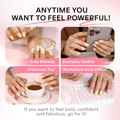 Spring Press on Nails Butter Yellow - GJZEZ Soft Gel False Nails, Short Round Manicure for Women, Salon Looking Comfort Fits Stick on Nails | 16 Sizes - 32 pcs Reusable Nail with Glue, Lemon Chiffon