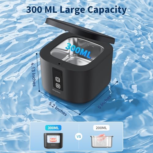 Retainer Cleaner, Ultrasonic Retainer Cleaner Machine 48kHz for Dentures, Mouth Guards, Braces, Toothbrush Heads, Jewelry, Ring Jewelry Cleaner with 300ML Capacity, 4 Modes Clean - Black