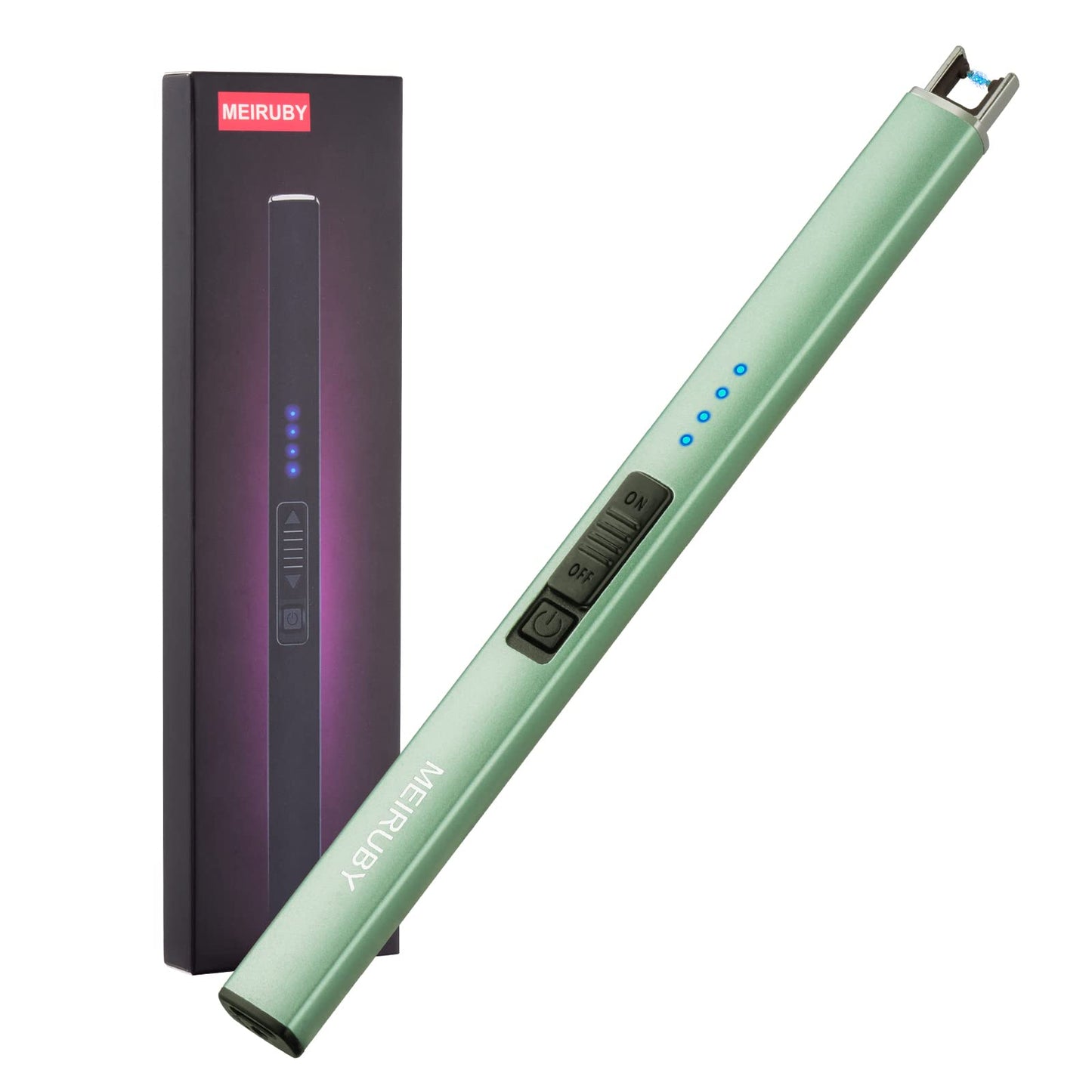 MEIRUBY Lighter Electric Candle Lighter Long Electronic Rechargeable USB Lighter Arc Windproof Flameless Lighters for Candle Camping BBQ Birthday Women's Day Gifts for Women Mom Wife Men, Green