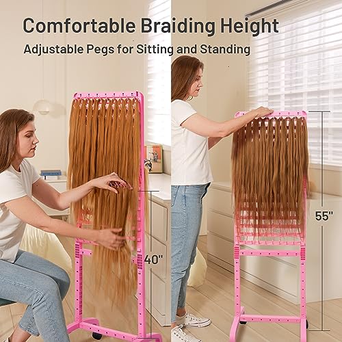 Adjustable Braiding Rack 280 Pegs, 2-Sided Braiding Hair Rack, Hair Racks for Braiders Standing with Wheels, Pink Hair Separator Braid Rack for Braiders Standing for Stylists