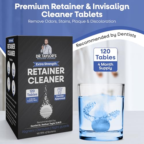 Dr. Taylor’s Retainer Cleaner Tablets for Aligners & Dentures - Effectively Removes Stains, Plaque, and Odor - Mouth & Night Guards Cleaner with Refreshing Mint Flavor - 120 Tablets