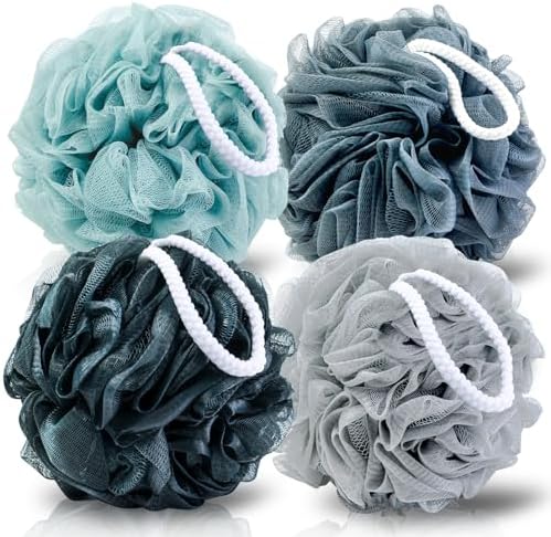 Loofah Sponge XXL-100g 4 Pack, Bath Sponge Soft Mesh Shower Puff Loofah for Men, Exfoliating Body Scrubber for Women, Shower Accessories (Blue Gray)