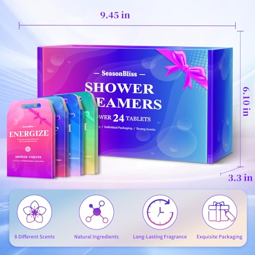 Shower Steamers 24 Pack, Shower Tablets, Natural Ingredients, 8 Different Scents, Individually Wrapped Shower Steamer, Presents for Mom, Friends