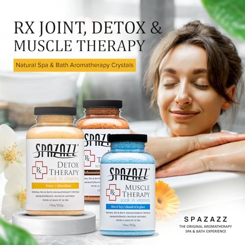 Spazazz Hot Tub Aromatherapy RX Muscle Detox Joint Bath Salt Crystals Bundle. Three Jars of 19oz Spazazz Hot Tub Crystals with Hot/Cold Towel and 5-Point Full Body Massager