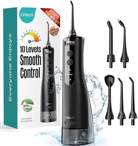 COSLUS Portable Water Flosser for Teeth: 10 Pressure Settings Professional Water Dental Pick for Orthodontic, Braces & Sensitive Gums - Cordless for Travel Use, for Adults Teens, BPA-Free, W40(WFP14)