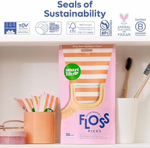 SmartLifeco Biodegradable* Dental Floss Picks - Eco-Friendly Tooth Flosser for Adults & Kids | Straw Wheat Unwaxed Floss | Toothpick Stick Soft On Gum & Teeth | Compostable*, Vegan, Unflavored 200ct