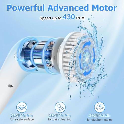 Electric Spin Scrubber, Cordless 3 Speeds Cleaning Brush 430 RPM, Adjustable/Detachable Long Handle, Shower Scrubber for Bathroom, Car, Floor, Shower Cleaning Brush with 9 Replaceable Brushes