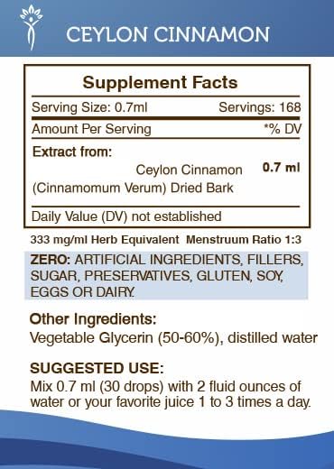 Secrets of the Tribe Ceylon Cinnamon Tincture Alcohol-Free Liquid Extract, Ceylon Cinnamon (Cinnamomum Verum) Dried Bark (4 FL OZ)