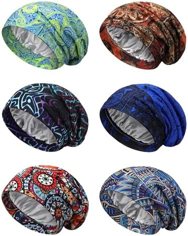 Sintege 6 Pcs Satin Lined Bonnet Sleep Cap for Women Men African Silk Soft Beanie Hair Sleep Wrap for Natural Curly Braids