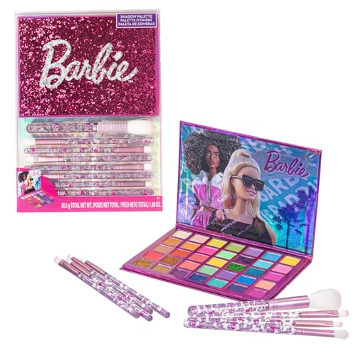 Barbie 35-Well Shadow Palette, Shimmery and Opaque Colors, Pigmented Blendable, 8 Application Brushes Ages 8+, Perfect for Parties, Sleepovers & Makeovers, By Townley Girl