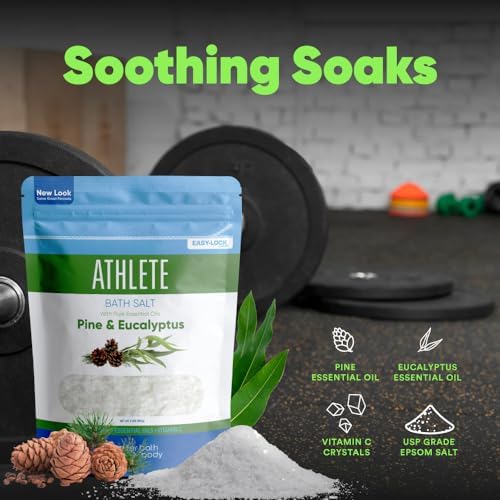 Athlete Bath Salt 32 Ounces Epsom Salt with Natural Lavender, Pine, Peppermint and Eucalyptus Essential Oils Plus Vitamin C in BPA Free Pouch with Easy Press-Lock Seal